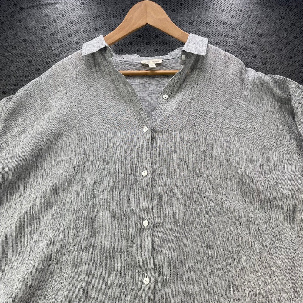 Eileen Fisher 100% Organic Linen Button Down Tunic Shirt Grey White M Oversized - Picture 5 of 9
